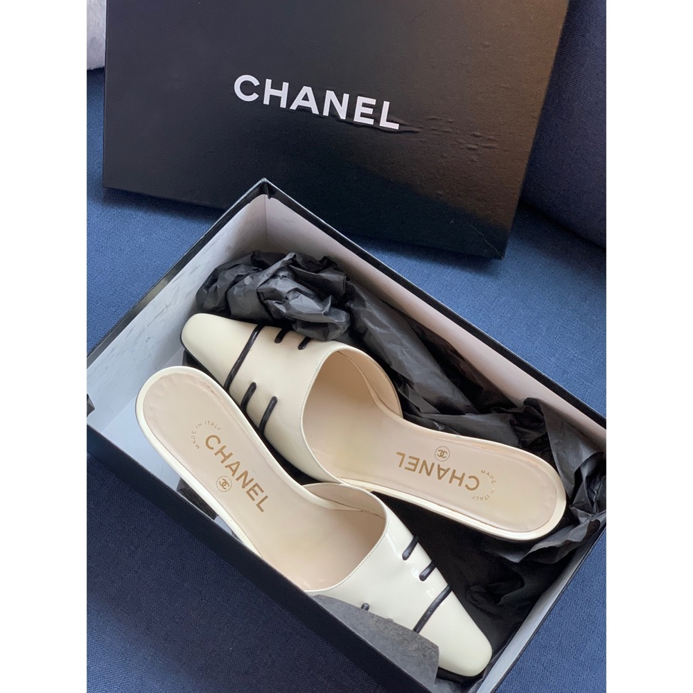 Chanel Patent Leather Stripped Mules